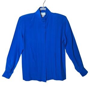 Michelle Stuart Silk Royal Blue Mandarin Collar Pleated Blouse Vintage Size 4